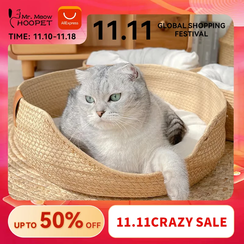 Hoopet Four Seasons Pet Bed Kennel for Cat Puppy Dog Beds Sofa Handmade Bamboo Weaving Cat Cozy Nest Pet Accessaries
