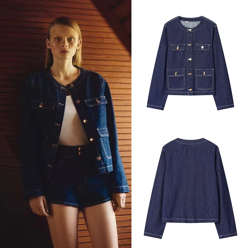 

Retro Sle Long Sve Collarl Denim Jaet Women's New Autumn Collection Button Detail ket Decorated Stand Fit Out...