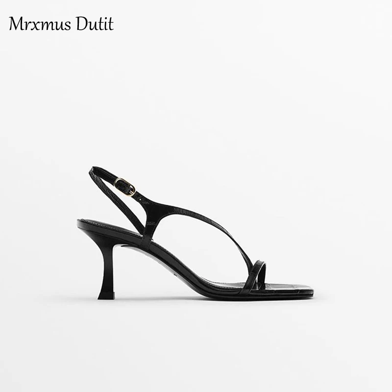 Mrxmus Dutit 2023 New Summer Fashion Genuine Leather One Word Belt Stiletto High Heel Shoes Women Solid Simple Casual Sandal