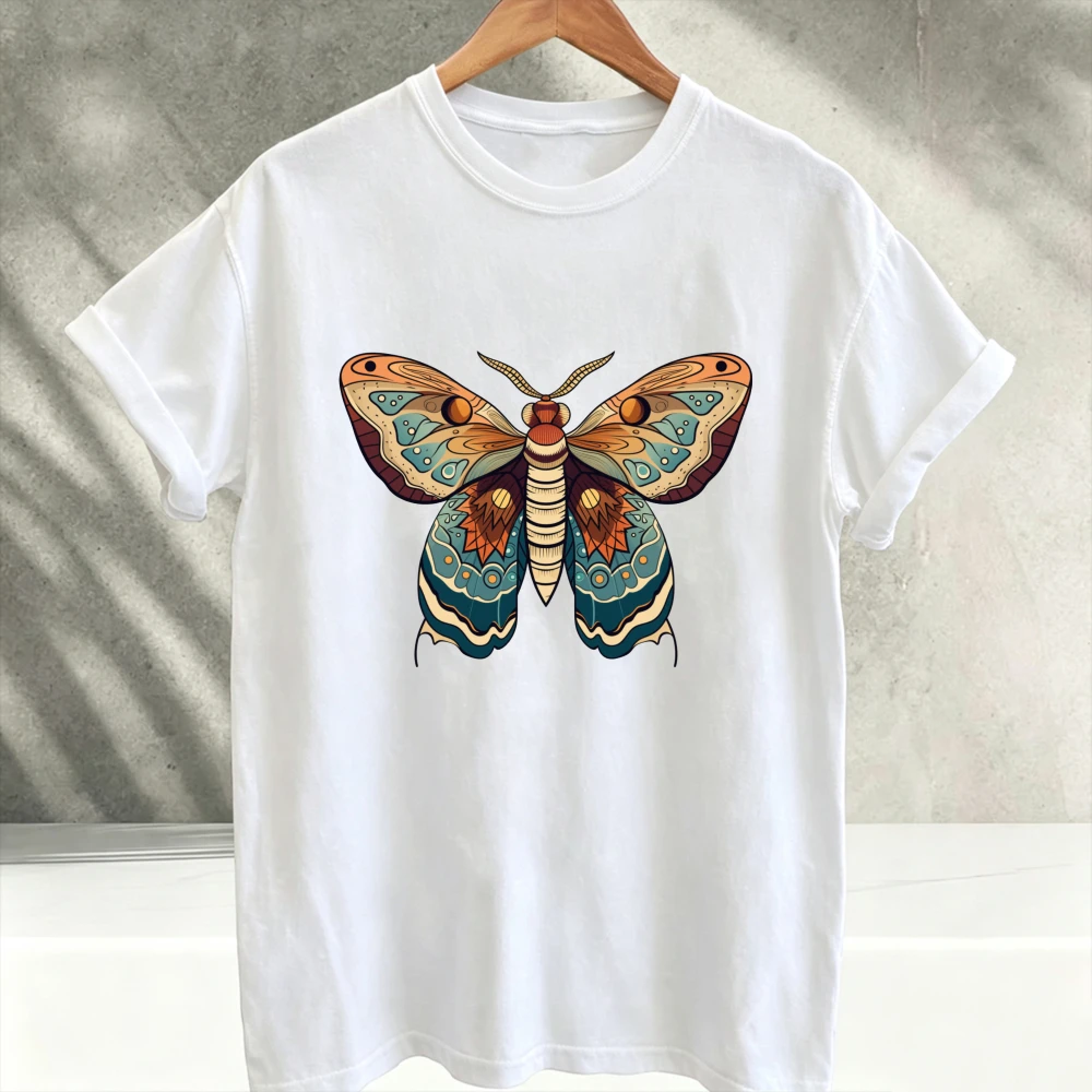 2026 Vintage Moth Graphic Printed T-Shirt Orange Blue Brown Ornamental Wings Retro Botanical Short Sleeve Tee Unisex Cotton Tops
