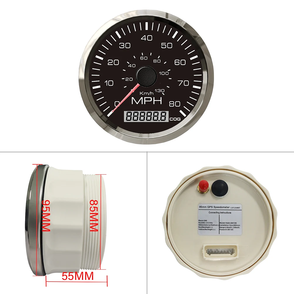 Rhaxel 85mm 0-35MPH 0-60MPH 0-80MPH GPS Speedometer COG for Boats Ships Universal 12V 24V with Red Yellow Backlight