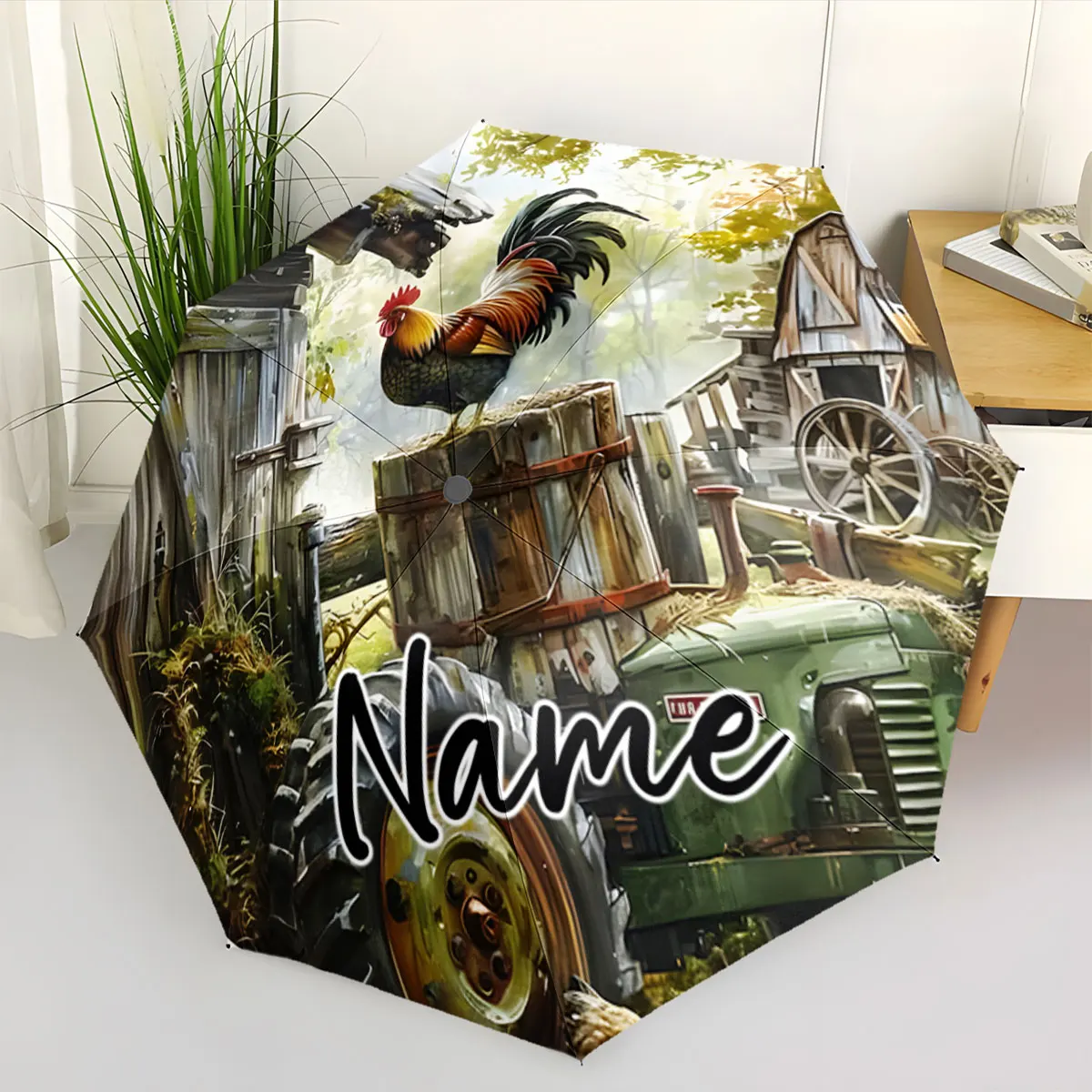 Custom Name Rustic Farm Rooster Design Umbrella Print 8 Iron Ribs Folding Umbrella Auto-Open Fashion Sunshade