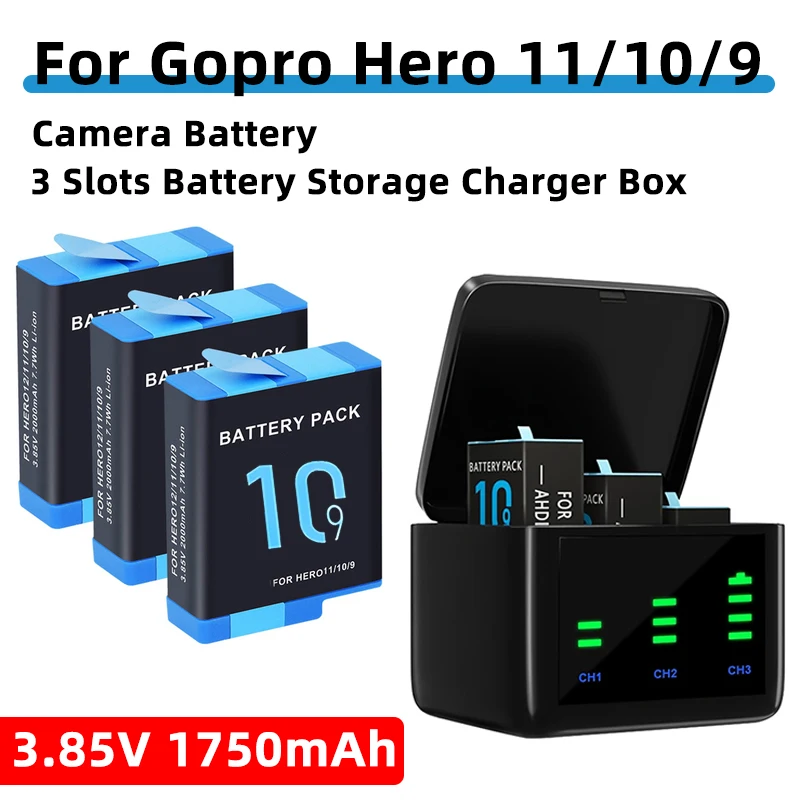 For Gopro Hero 11/10/9 Camera Battery 1750mAh For GoPro Hero Battery GoPro Hero 9 10 11 WIth 3 Slots Battery Storage Charger Box