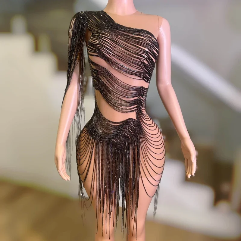 Vestido de noite com corrente strass para mulheres, trajes de dança gogo para cantora feminina, roupa de aniversário para festa, perspectiva para palco