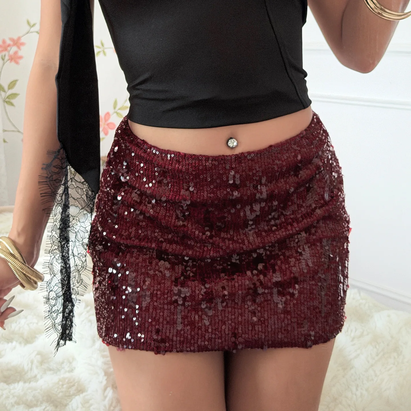Autumn sexy spicy girl style slim fit red solid color sequin wrapped hip skirt