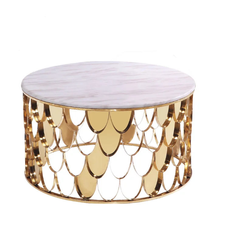 bv-Modern Round Marble Table Top With Stainless Steel Frame Fish Scale Coffee Table for Home Coffee·