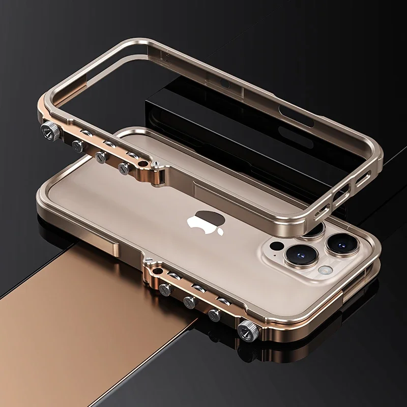 Nueva funda de teléfono con marco de aleación de aluminio mecánica para iPhone 16 15 Pro Max carcasa de parachoques de Metal par