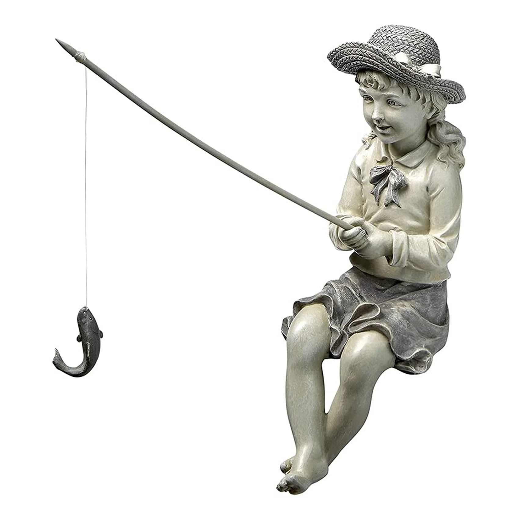 

Cartoon Fisher Girl Figurine Resin Fisherman Sitting Posture Statue Pool Decor Girl Figurine Decor Sculpture Home Yard