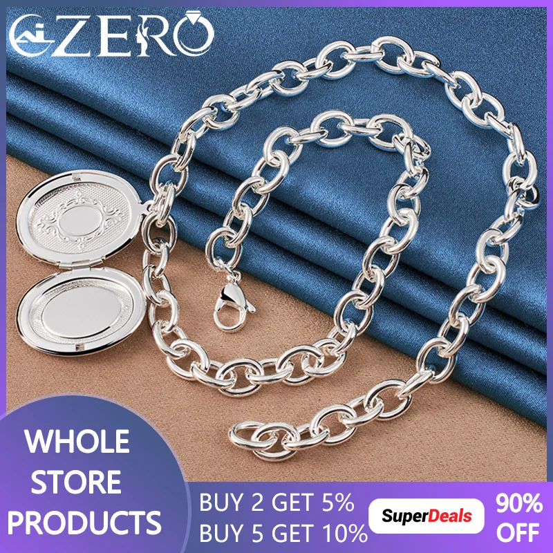 

ALIZERO 925 Sterling Silver Oval Photo Frame Pendant 18 Inch Chain Necklace For Men Women Wedding Engagement Party Jewelry