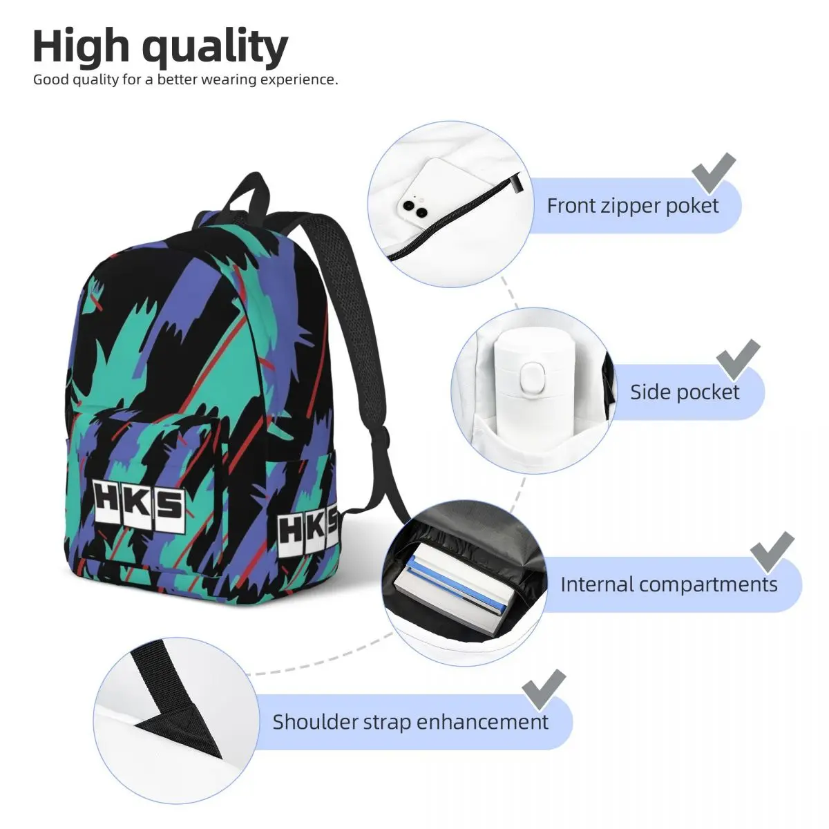 HKS Retro Pattern Backpack for Men Women Teenage Student Hiking Travel Daypack JDM Drift Turbo Car Laptop Computer Canvas Bags