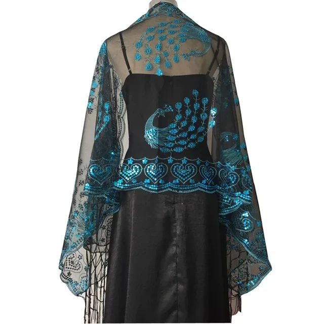 Spring Autumn Sequin Shawl Peacock Embroidery Tassel Shawl Party Evening Dress Shawl Cloak Ponchos Capes Beige