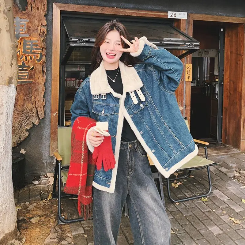 

Джинсовое пальто с мехом и капюшоном, плюшевые женские осенние куртки свободного кроя с завязками, минималистичная уличная одежда, городские куртки с поясом для поездок на работу BF