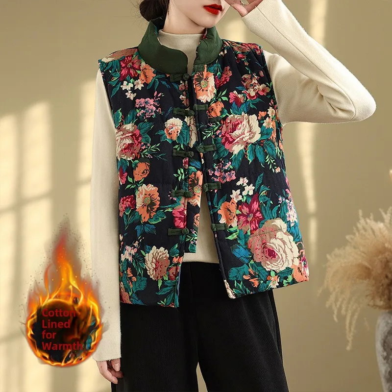 

New Chinese Style Cotton Linen Vest with Button Print Large Size Red Cotton Clothes Retro Embroidery Stand Collar Regular Length