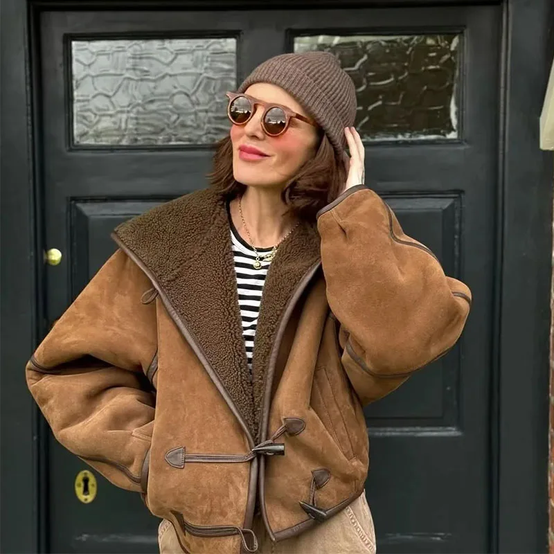 

Осень-зима 2025: женские куртки из плотной овечьей шерсти, теплая куртка с капюшоном, пальто с длинными рукавами и роговой пуговицами, повседневная новая верхняя одежда