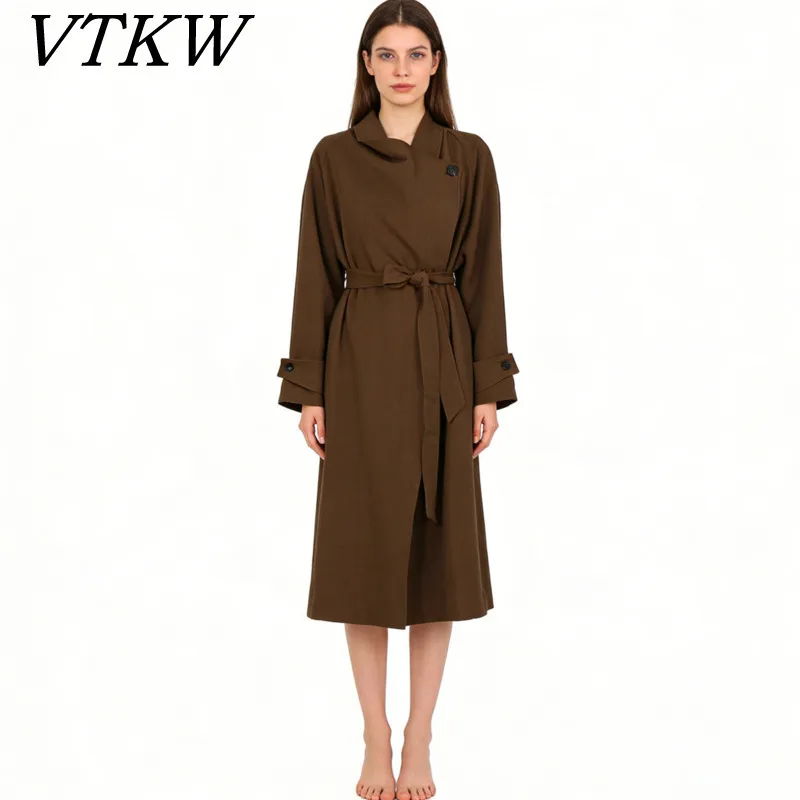 

VTKW 2026 New Arrival Women Wine Red Wrap Maxi Dress Stand Collar Tie Waist Wide Cuffs Long Sleeve Flowy Dress