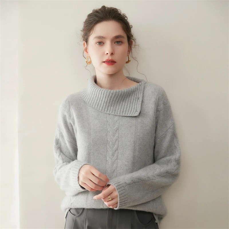 Women Cashmere Sweater Turtleneck Side Open Buckle Pullover Twisted Flower 100% Cashmere Knitwear Autumn Winter Loose Thick Tops