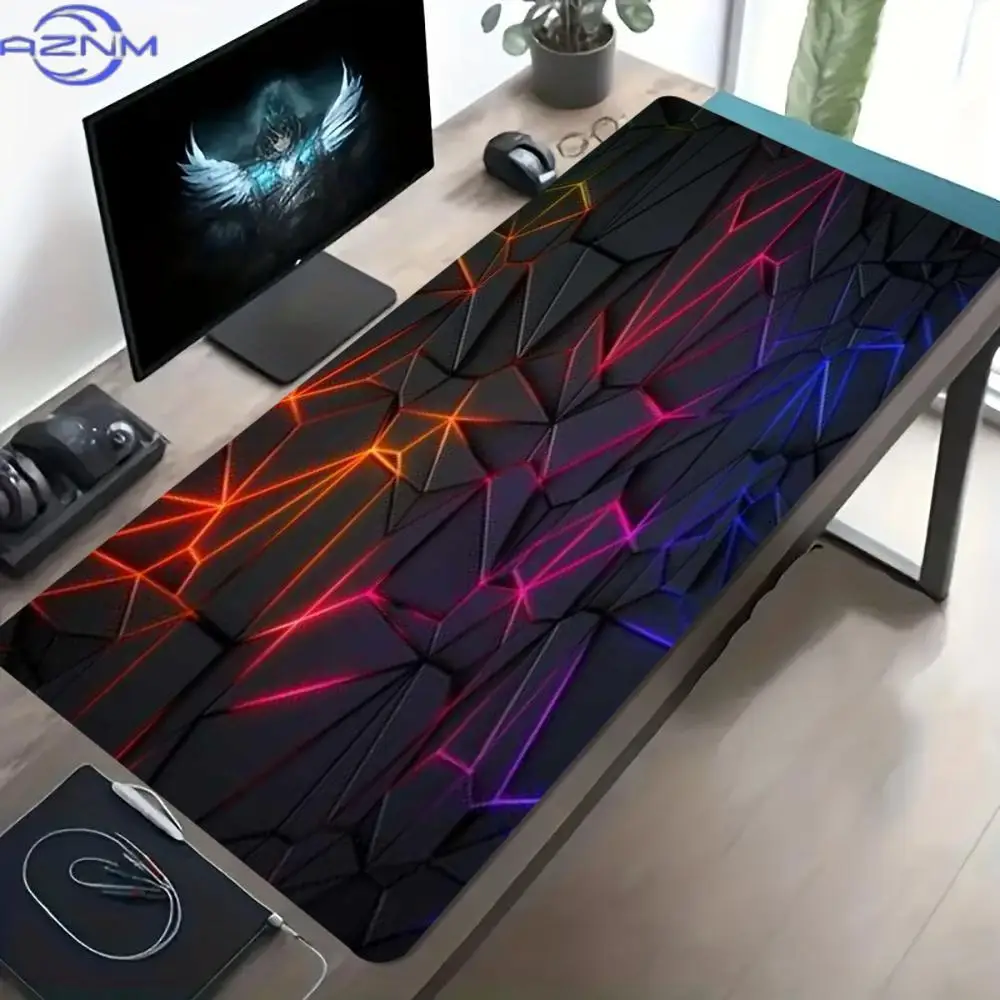 Colorful Neon Crack Texture Large Gaming Mouse Pad Non Slip Rubber Stitched Edge HD Print Mat for Gamer Laptop Workstation