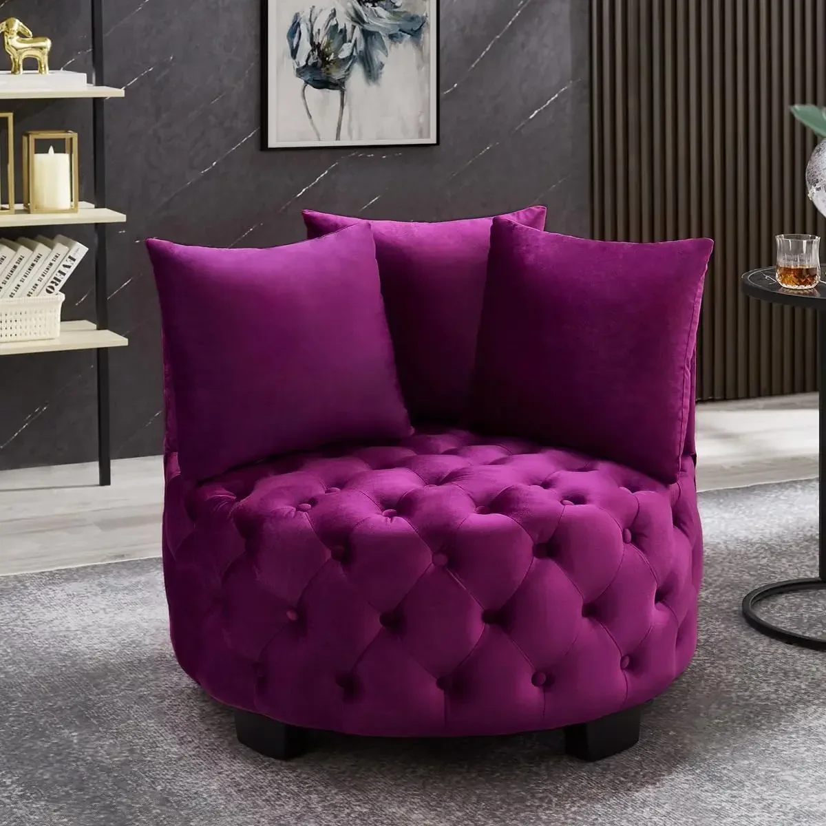 Contemporary Upholstered Tufted Leisure Chair Accent Chair, Sofa Lounge Club Round Chair for Living Room Hotel with 3 Pillo