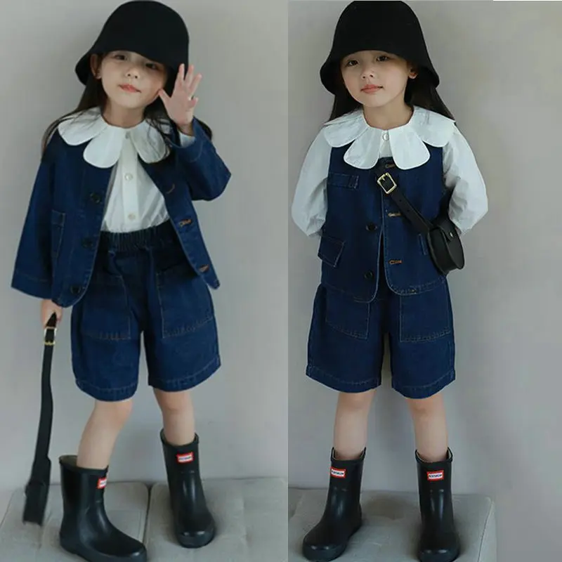 Girls' Suit, Small Fresh Petal Collar Top Plus Denim Three-piece Set 2024 Spring and Autumn Clothes, New Children's Clothing