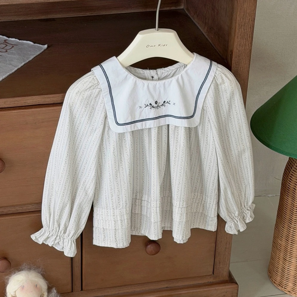 Girls Shirt 2026 Spring and Autumn New Children's Clothing Korean Style Girl Baby Fashion Round Collar Embroidered Doll Shirt
