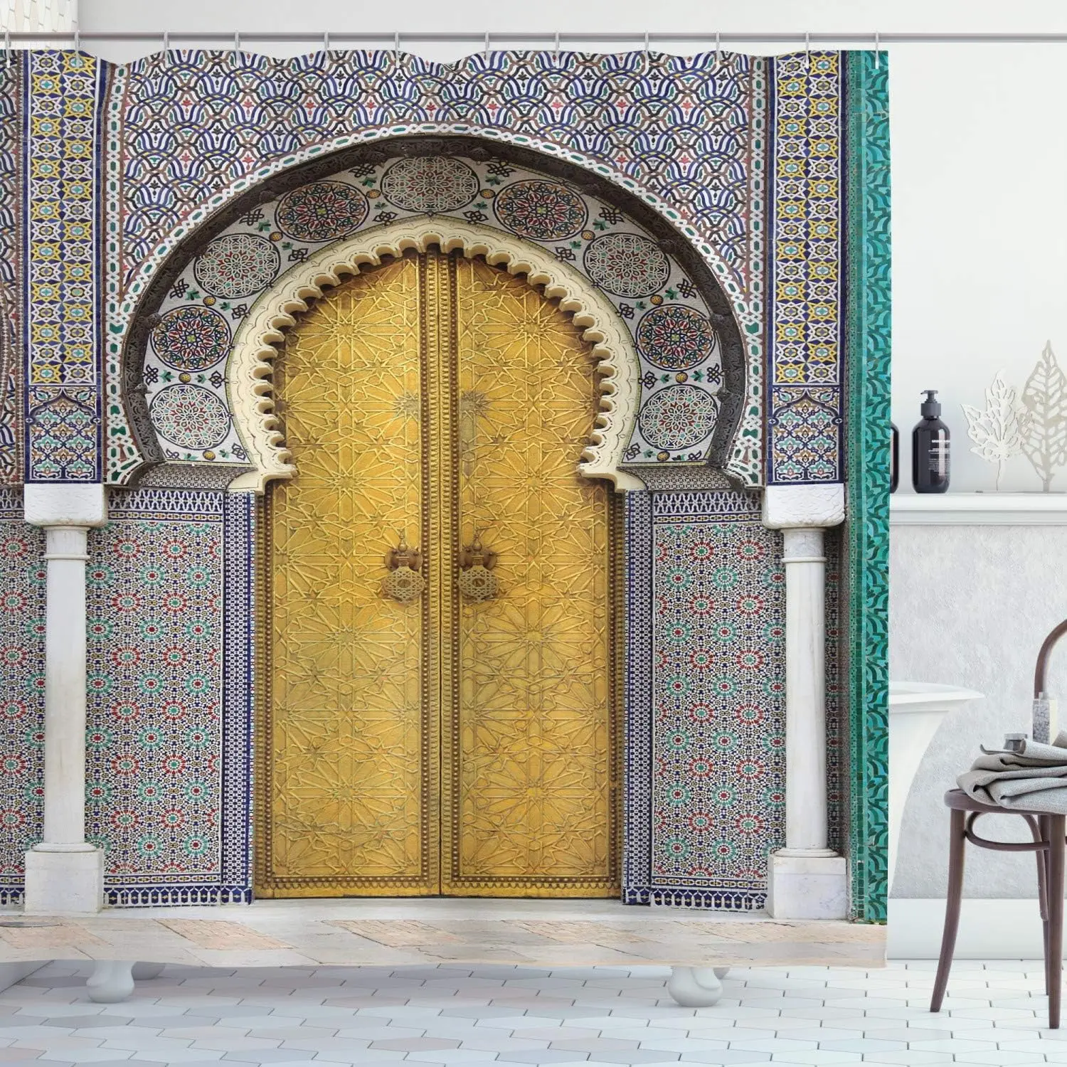 

Moroccan Door Shower Curtain with Hooks – Fes Royal Palace Yellow Gate, Vintage Mosaic Art & Arabic Style Bathroom Decor