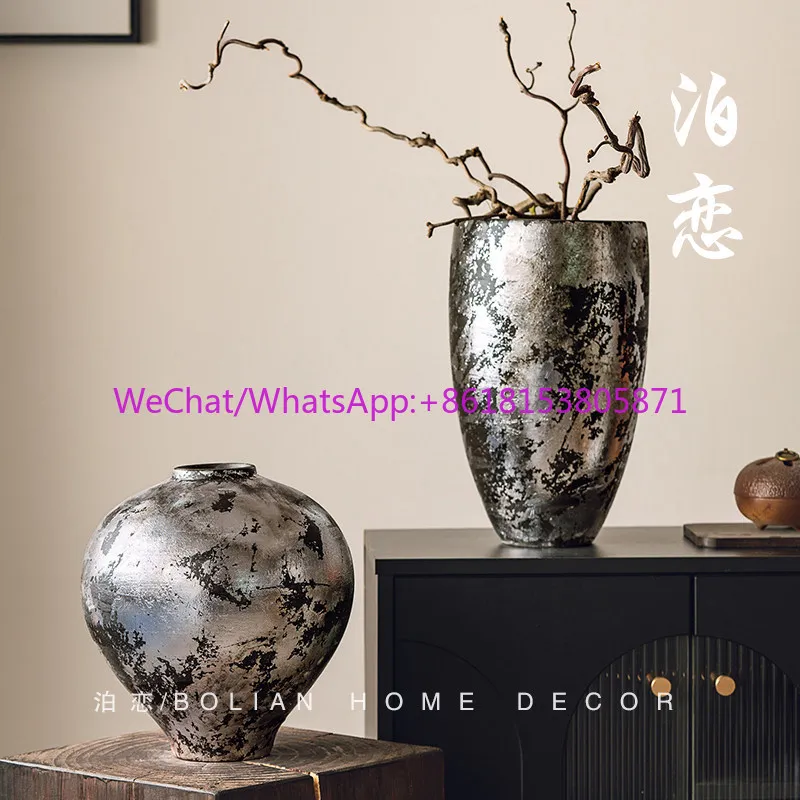 Premium Silver Foil Art Ceramic Vase Living Room Flower Arrangement Hotel Model Room Restaurant Wabi Sansi