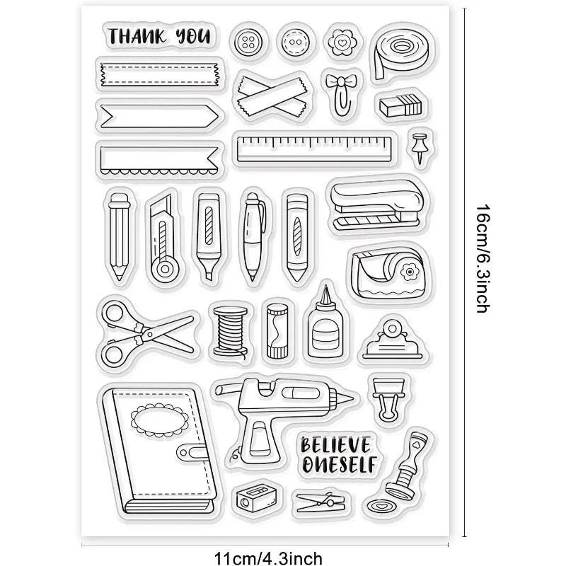 1PC Stationery Clear Stamps, Book Ruler Pen Stapler Transparent Silicone Stamps for Card Making Decoration and DIY Scrapbooking