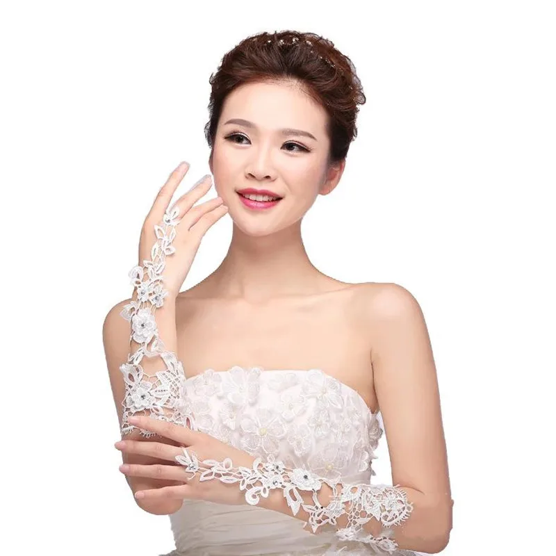 White Lace Rhinestones Fingerless  Bridal  Gloves  Elbow Length  Prom Party Lace Gloves  for Women and Girls