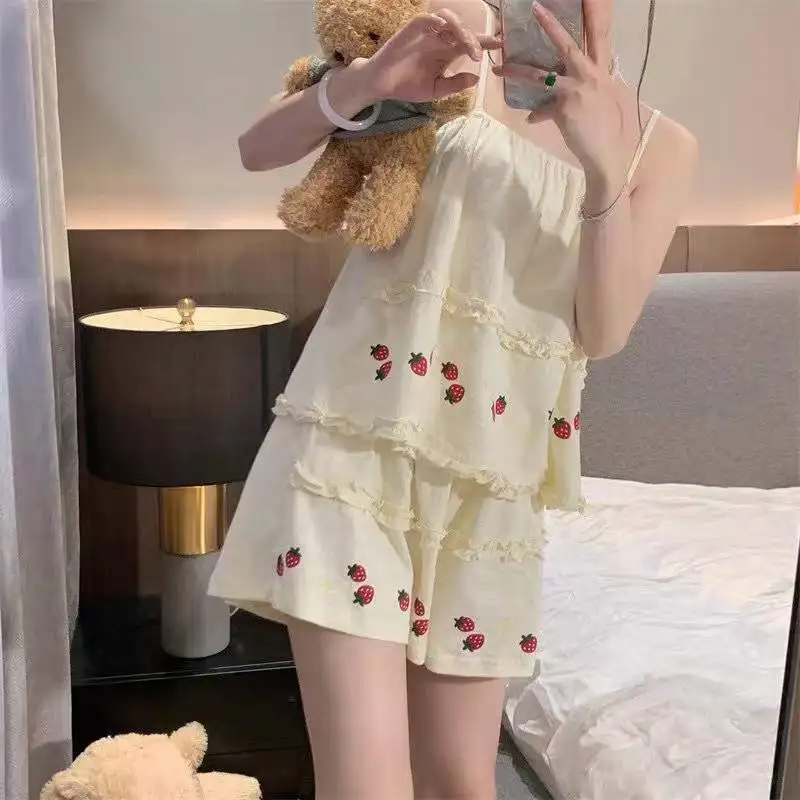 Pajama Sets Women Summer Thin Sweet Cute Strawberry-print Fungus Edge Sleeveless Kawaii Student All-match Leisure Elegant Tender