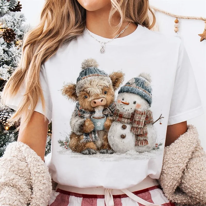 Vintage printed highland cow snowman hot drink pattern T-shirt Christmas cute clothes O-neck top casual women's style T-shirt