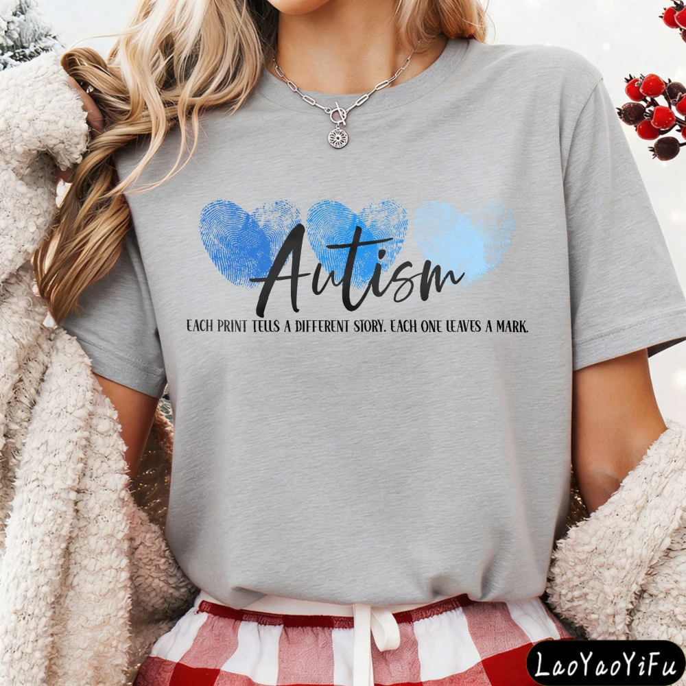 Autism Awareness Heart Fingerprint Women T-Shirt Cotton Short Sleeve Casual Fashion Summer Top Gift for Autism T Shirt