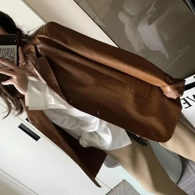 Insozkdg Women Autumn New American Leather Blazer Suit Jackets Retro Casual Solid Color Loose Leather Suit Jacket Women Clothing