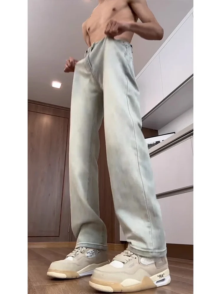 

American Sle Fce Lined Men's Jeans Yellow Mud Color Bootcut Straight Leg Slim Fit High Street Pants Winter Wear