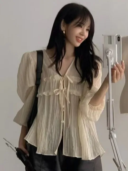 Ele Women's Long Sve irt Unique Collar Tie Spring Summer New Small Size Sun Protection Busin Casual Cotton Top