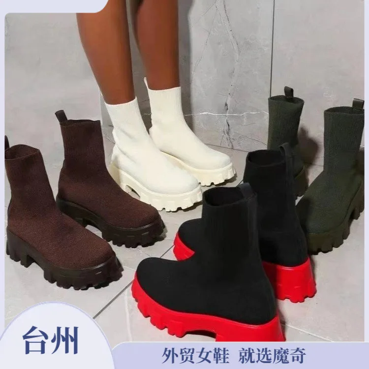 2023 Autumn Winter Couple Shoes Women Thick-Soled Casual Large Size Red Knitted Short Boots Fashion Women Boots Size 36-41