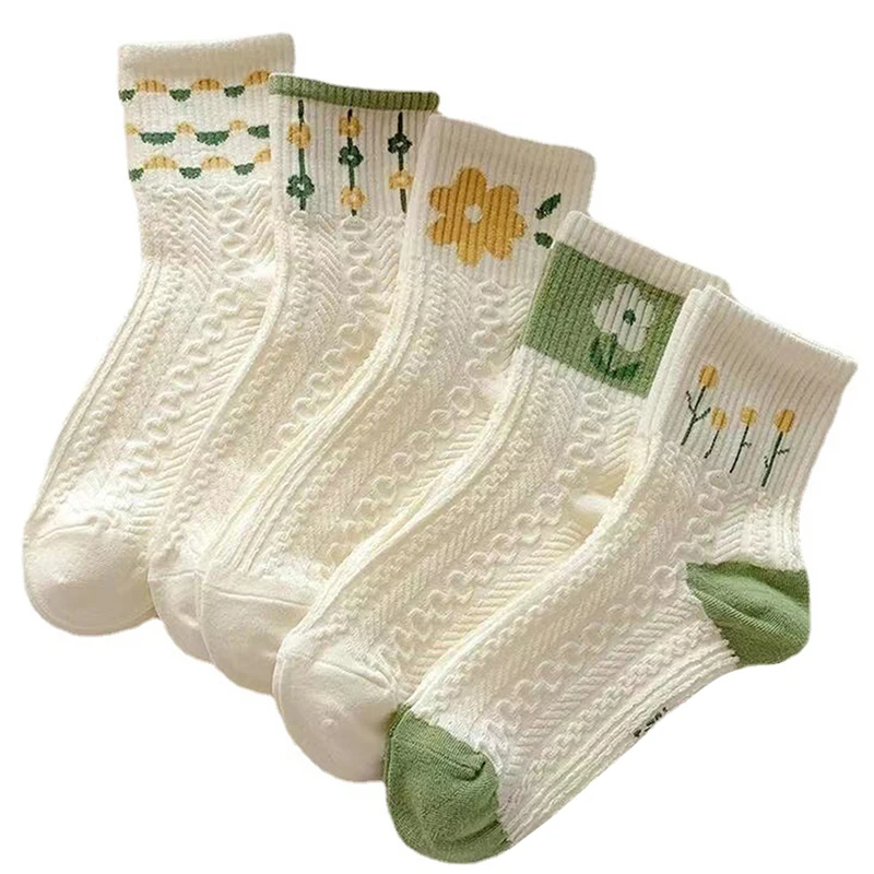 5pairs Short-tube Sweat-absorbing Deodorant Cotton Socks Women Short-tube Fresh Small Flower Japanese White Socks