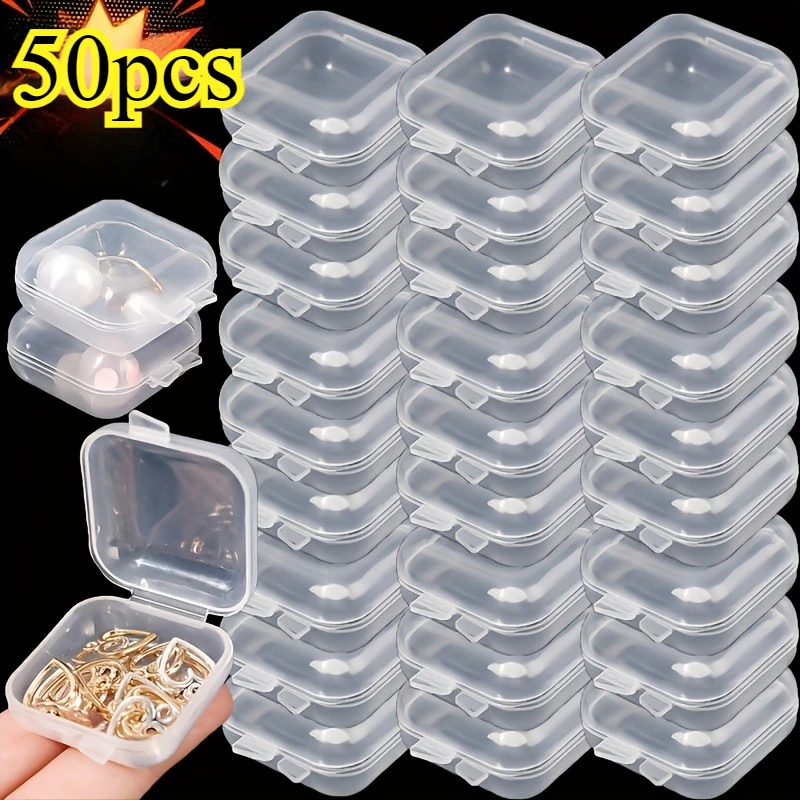 50pcs Mini Square Storage Box, Transparent Flip Cover, Small Case for Pill, Jewelry - Dustproof Storage Packing Sorting Boxes