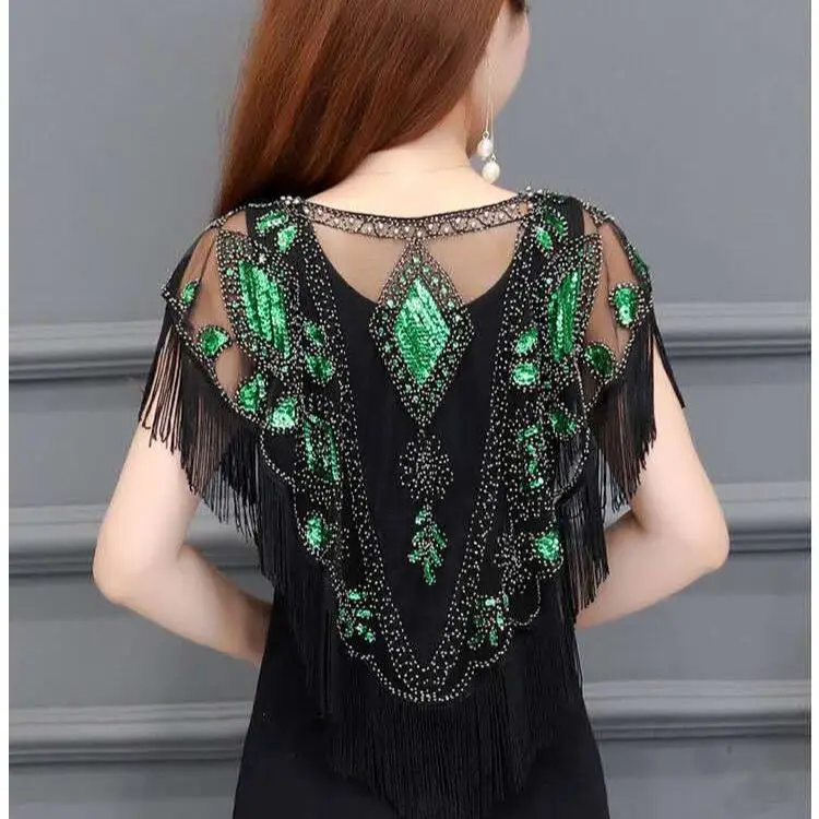 Women\'s Summer Thin Handmade Crochet Lace Mesh Vintage 1920s Flapper Shawl Sequin Fringe Gatsby Evening Bolero Cape 3925