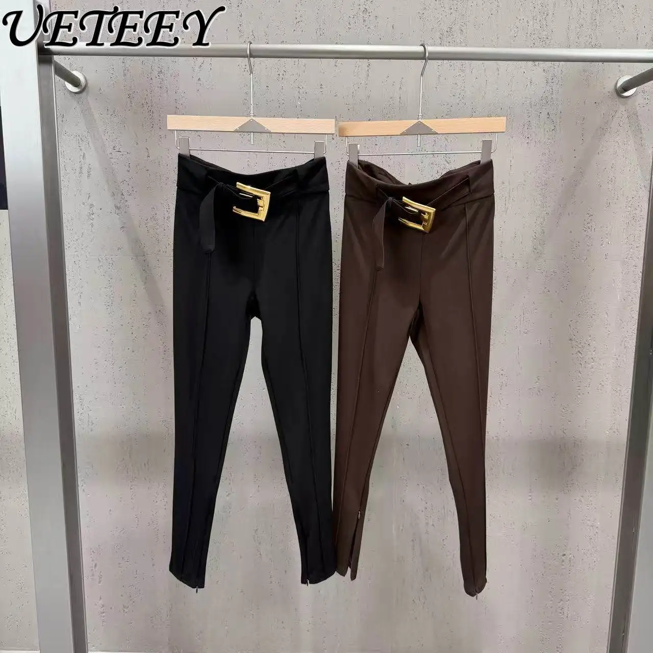 

Новые женские повседневные брюки с высокой талией, облегающие, черные, элегантные, с металлической пряжкой, драпировкой и эластичным поясом, длинные, весна 2026