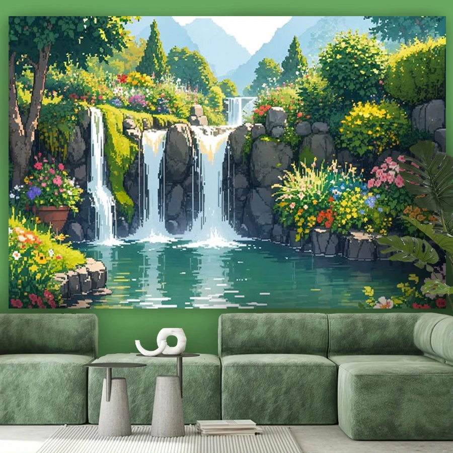 Tapiz de flores con cascada verde, estilo pastoral fresco, tela suave para fondo de pared, decoración para sala de estar y dormitorio