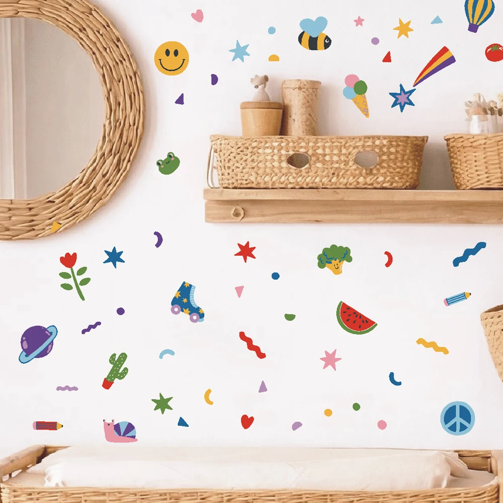 Colorful Stars and Doodles Fabric Wall Stickers Skates Rainbows Hearts Wall Decals Bedroom Bathroom Living Room Home Wall Decor