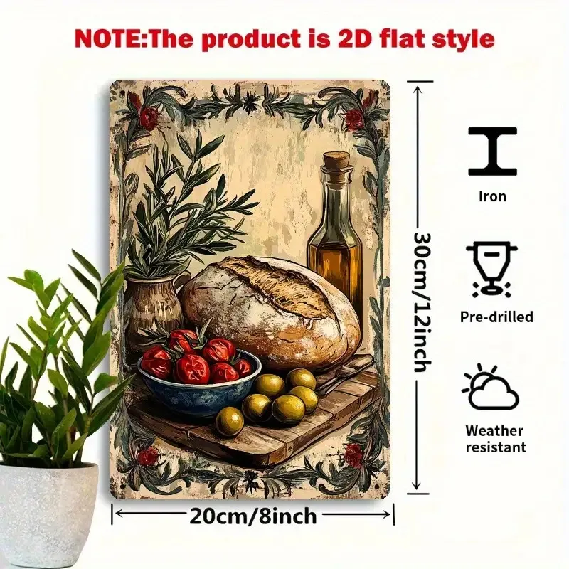 Vintage Mediterranean Kitchen Metal Wall Art – Rustic Olive and Tomato Tin Sign for Farmhouse, Cafe or Restaurant Decor, 8x12 In