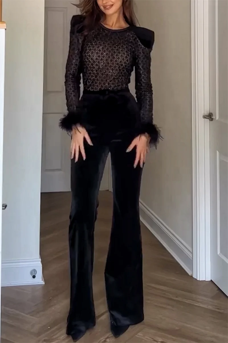 Fashion Velvet Patchwork Jumpsuits Autumn Clothing Women Long Sleeve Sequined Flare Pants Rompers Playsuits One Pieces Overalls