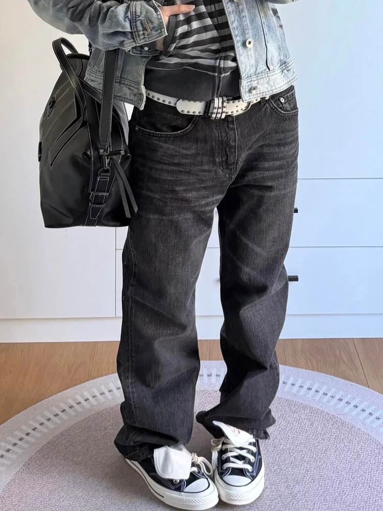 Jeans American Vibe Retro Adient Wa Básico Unissex, Calça Longa Slim de Perna Reta, Jeans de Cintura Média para Jovens
