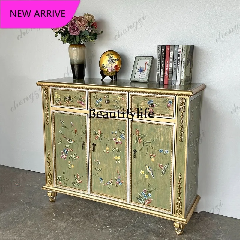 P3  French hand-painted porch cabinet living room multi-functional locker retro green dining side cabinet