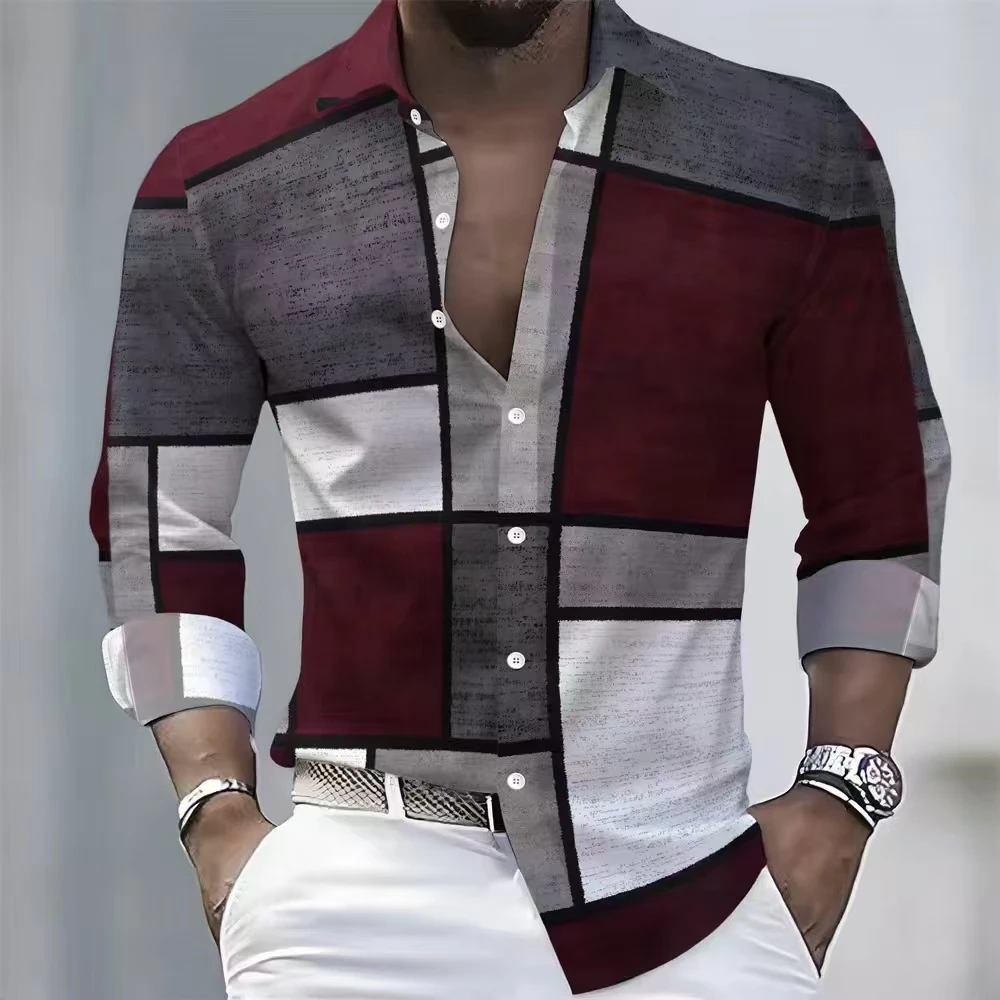 2026 New Men's Striped Long Sleeved Shirt, Geometric Stitching, Elegant Men, Casual and Fashionable, Comfortable and Breathable