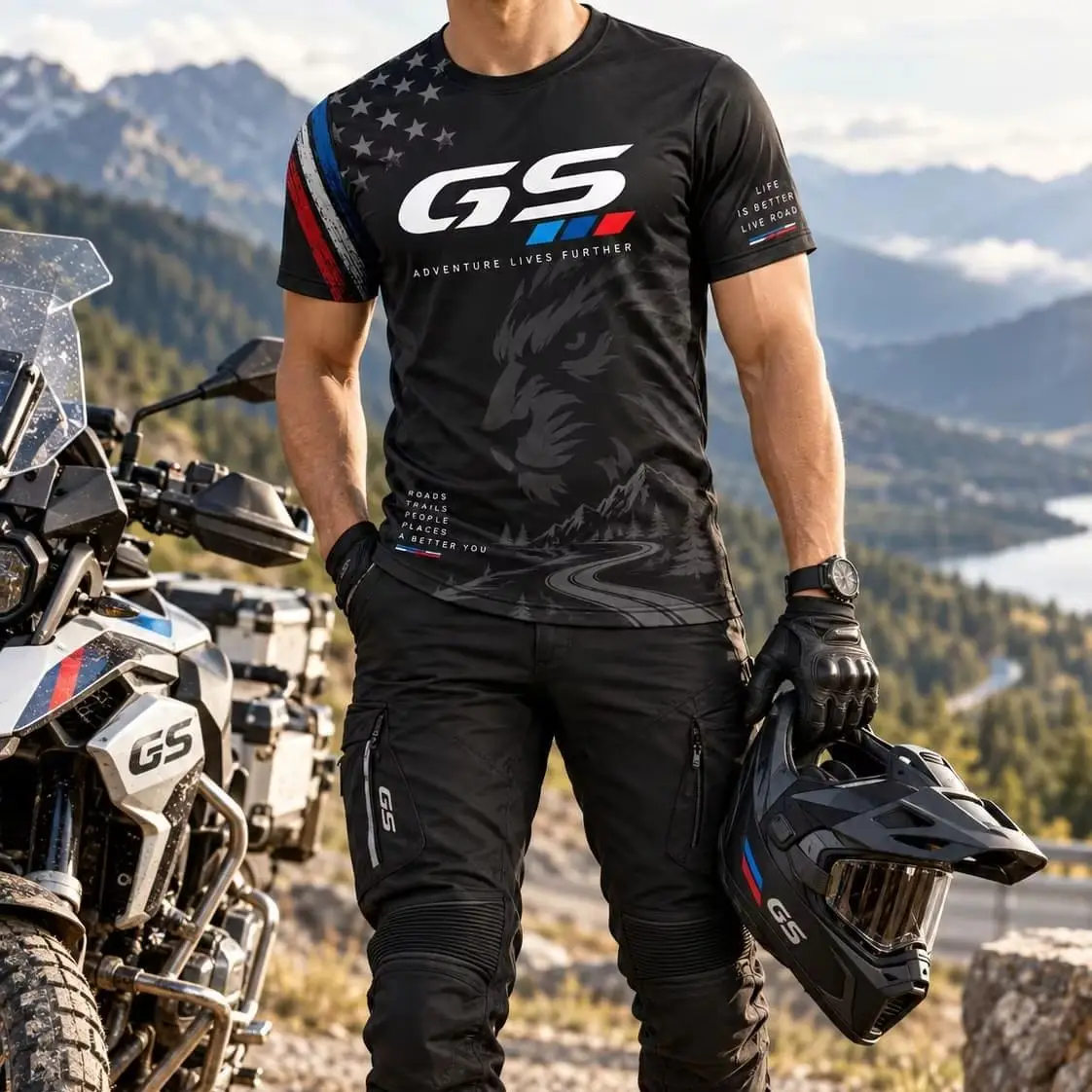 GS Motorcycle Adventure USA Mens T Shirt Graphic Tee Outdoor Riding Shirt Casual Short Sleeve Top Travel Style Unisex Wear