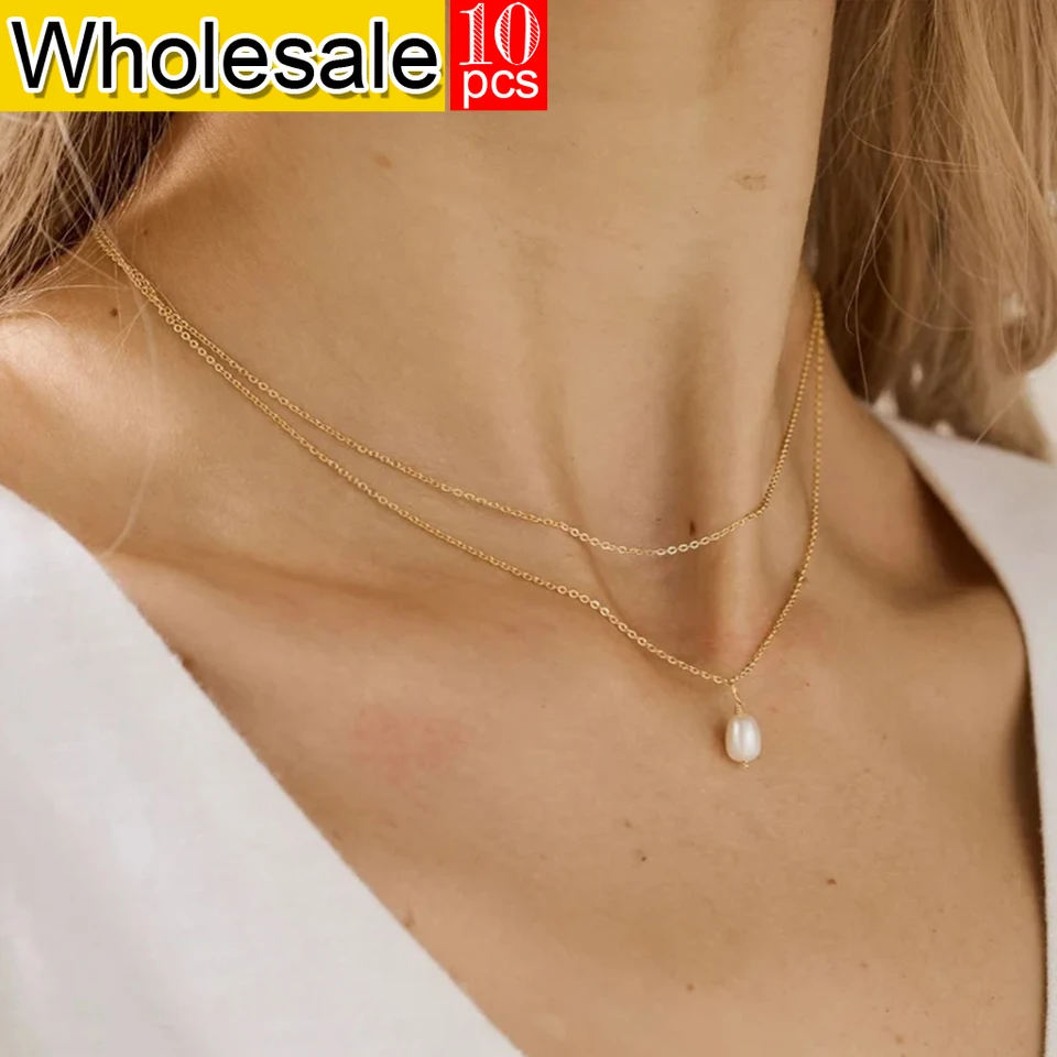 

Women 10PCS Minimalist Freshwater Pearl Pendant Stainless Steel Golden Plated Double Layers Necklace Women's Jewelry Wholesale