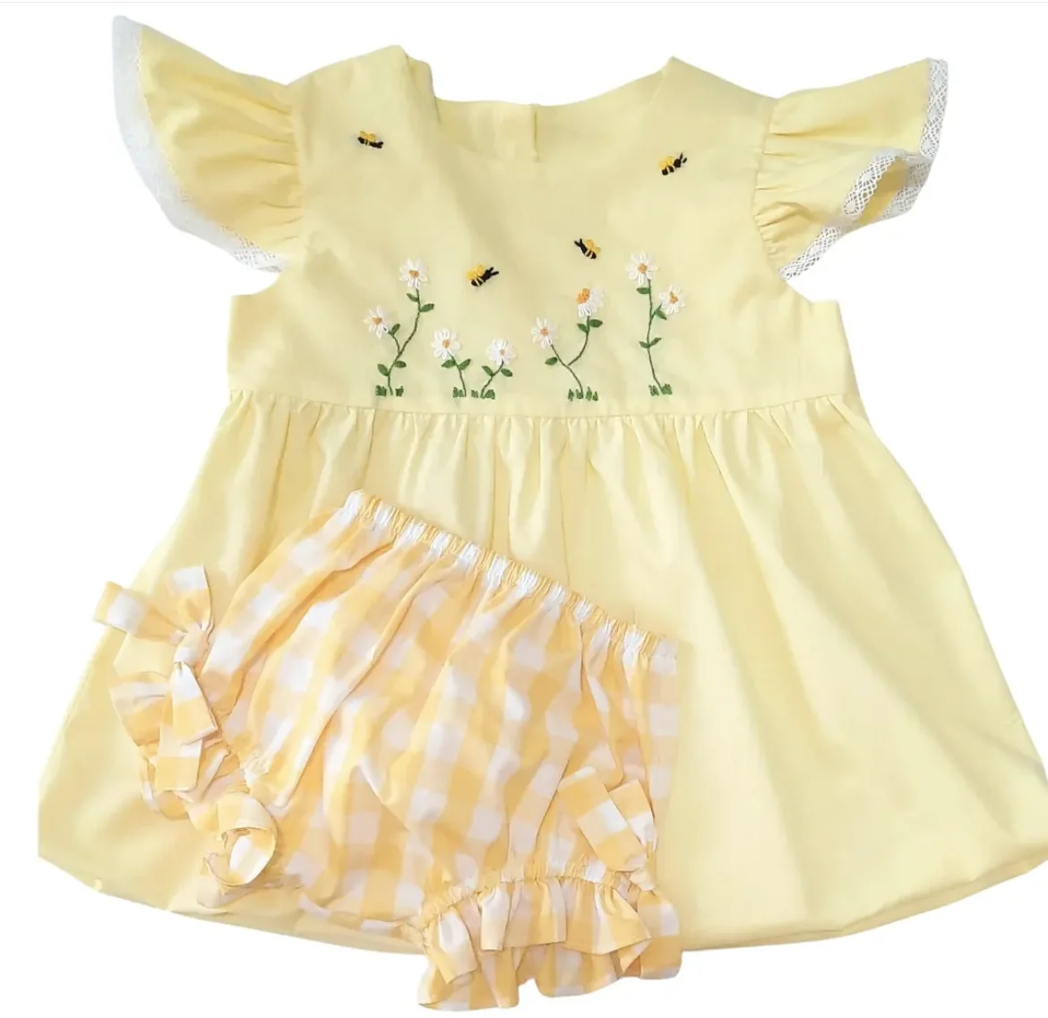 Baby Girl Summer 2PCS Outfit Bees Daisy Handmade Embroidery Yellow Dress Romper for Casual Birthday Photography B689