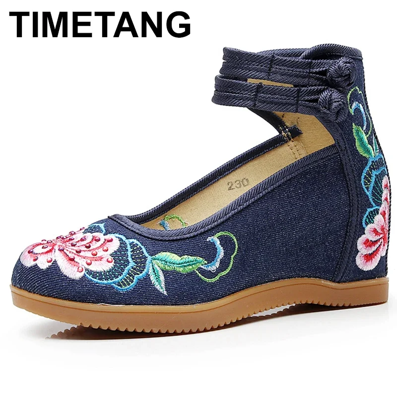 TIMETANG Women\'s Wedged Canvas Shoes 7cm Hidden High Heel Platforms Flower Embroidered Ankle Strap Ladies Denim Cotton PumpsE218